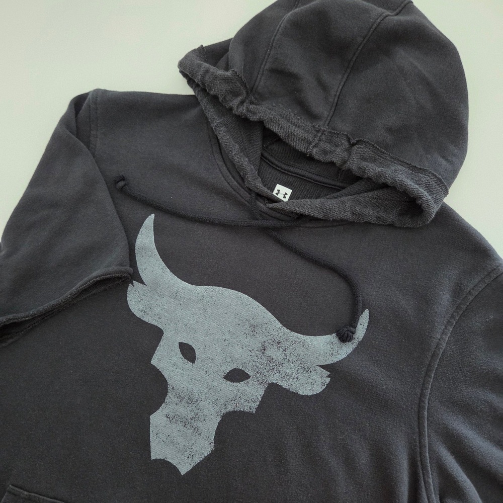 Under Armour Project Rock Hoodie Black Brahma Bull Gym Short Sleeve Mens Medium